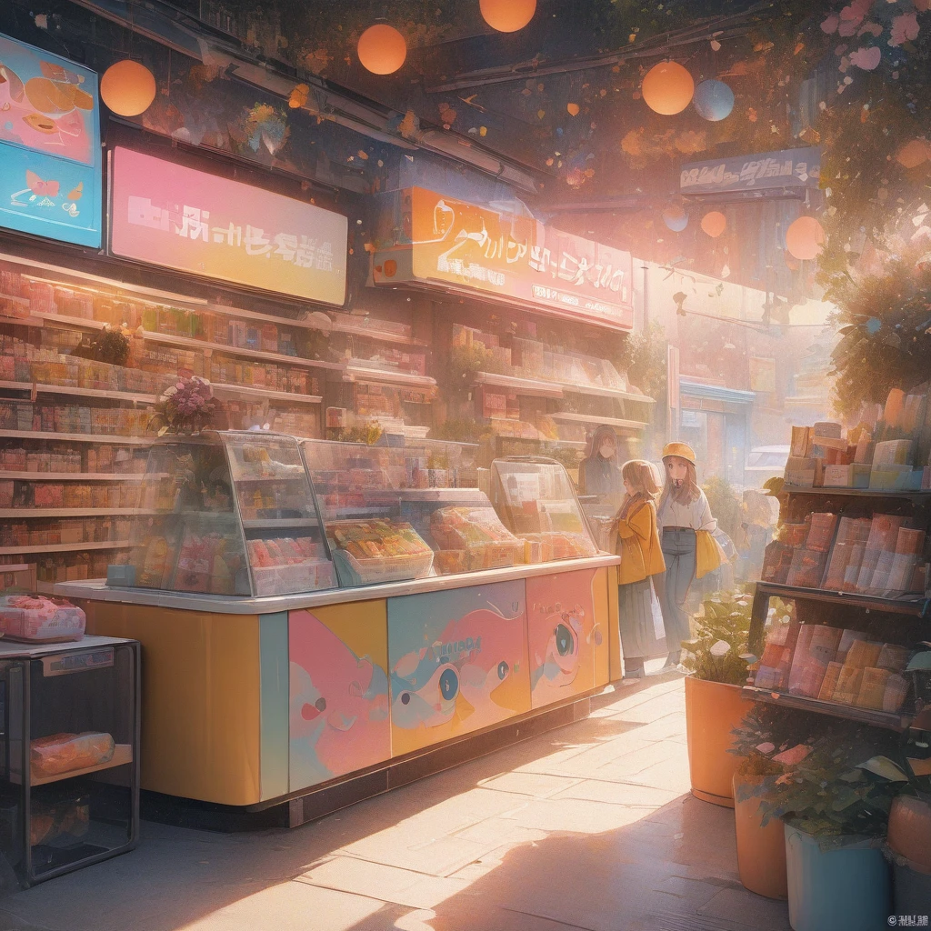 (best quality,4K,8K,high resolution,masterpiece:1.2),Super detailed,illustration,(Midnight convenience store:1.2),fantastic colors,pastel colors,whimsical atmosphere