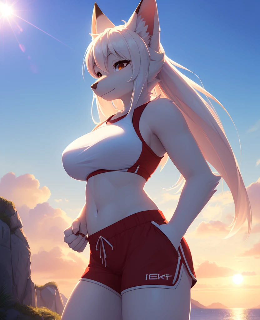 (best quality, Highest quality, indicate, height, 8k, anthropology, furry, Uploaded_on_E621:1.4), furry, white fur, tail, red elements on fur, big breasts, Beautiful view, sports shorts, close up, summer, evening, beautiful light and shadow, Ambient light, ultra detailed fur, Volumetric light,shark girl