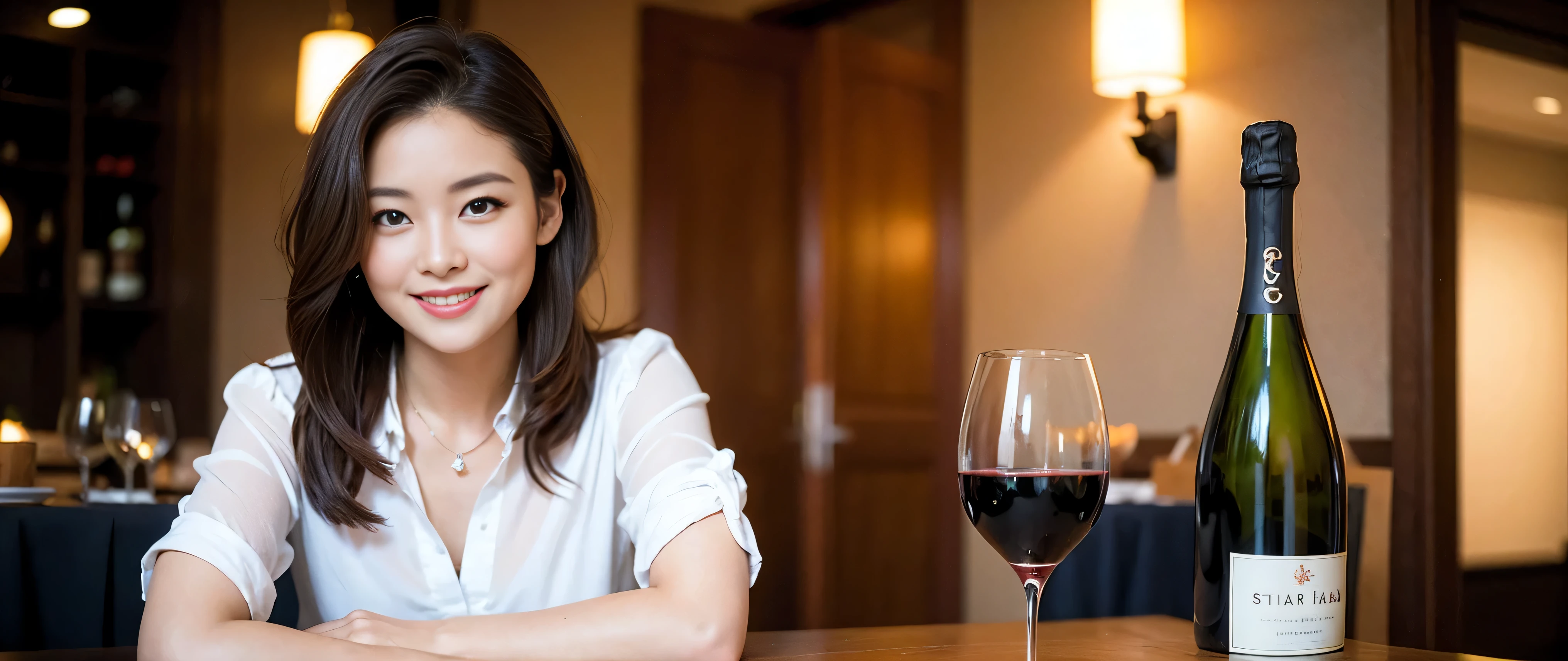 ((highest quality、8K、masterpiece:1.3))、Beautiful woman perfect body:1.4、Slim body、((Bob Hale、straight hair:1.2))、 ultra high resolution, bright image、2. Wine Beauties, beautiful face, blue eyes, fine eyes, light shines on your face, blush your nose, short hair,Spectacular view of the sunset sky and clouds、Amazing mountain views、A bright smile、A lovely woman with a smile、bright face、Fox face、lady、Champagne、Wine bottle、wine glass、red wine 、Appetizer、Italian food、two beauties、brown hair、shortcut、long sleeve shirt、winter fashion、dress、wine bottle、sparkling wine、Pretty Woman 1, (slim face), (brown hair), (shortcut), cheeks turn a little red, (42 years old), 39 years old, charming beauty、restaurant, nova frog style, actress, model, Upper body, White wine, slim, wine glass, wine glass placed in the middle, smile, (smile: 1.15), beautiful fine eyes, strong light and shadow,moist body:1.5、delicate eyes、brown hair、The hair is very shiny、