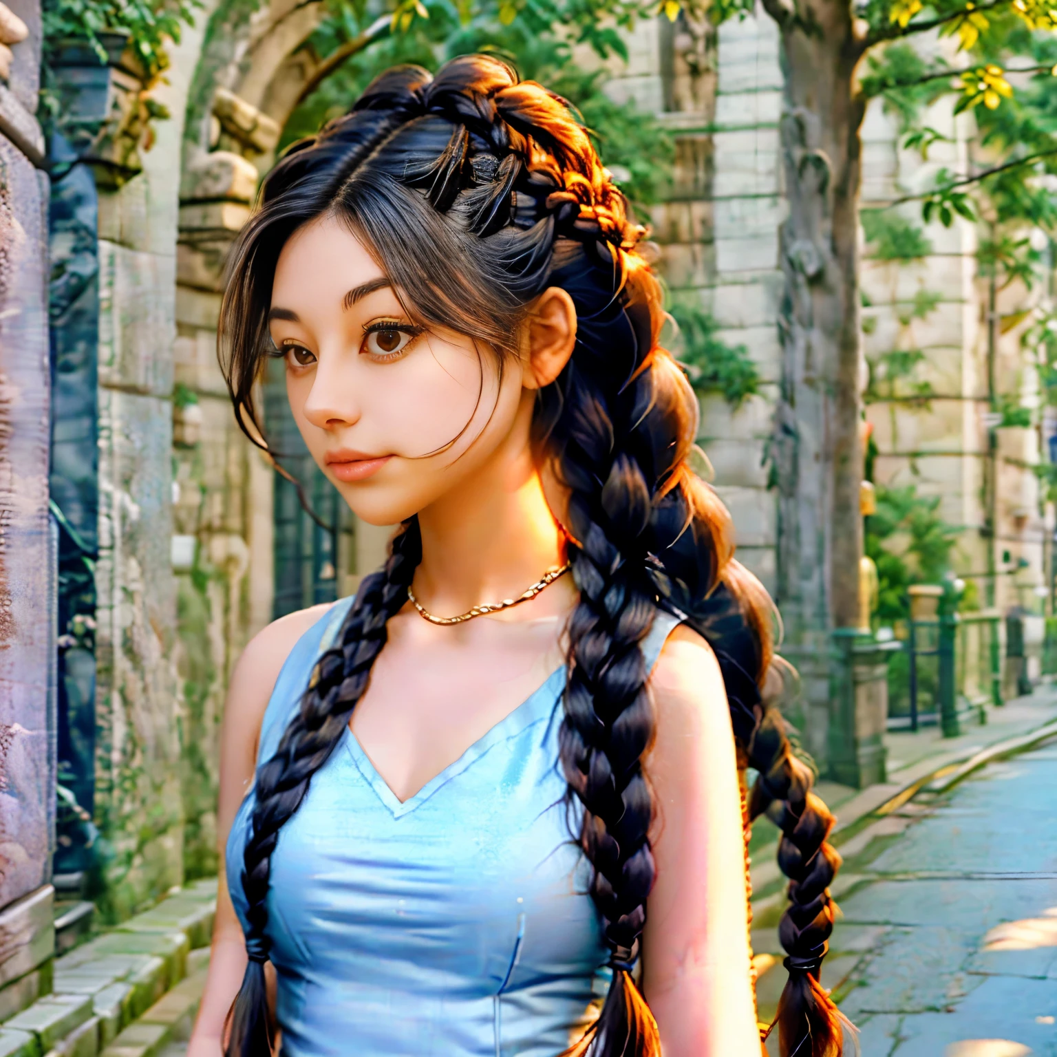 a close up of a woman with long hair in a braid, long braided hair, her hair is in a pony tail, long dark braided hair, long braided hair pulled back, long hairstyle, twisted braid, pretty long hair, braided hair. nightime, long braided curly brown hair, long flowing braided hair, two braids, twisted braids, neat braided hair