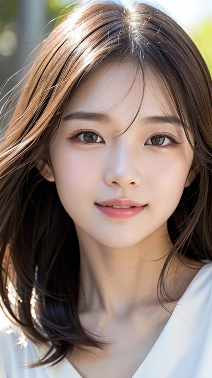 With the alleys of Kyoto in the background、18 year old girl、independent、facing forward、Light eye makeup、brown hair color、Flat 、hair blowing in the wind、quality of actress、shiny, super realistic face、smileの表情、Moist eyes、look up、calming lighting effect、 ultra-realistic capture、very detailed、High resolution 16K close-up of human skin。Skin texture must be natural、Must be detailed enough to see pores、skin is healthy、Must be even tone、Use natural light and color、High quality photos taken by a modeling agency'Exclusive photographer、smile