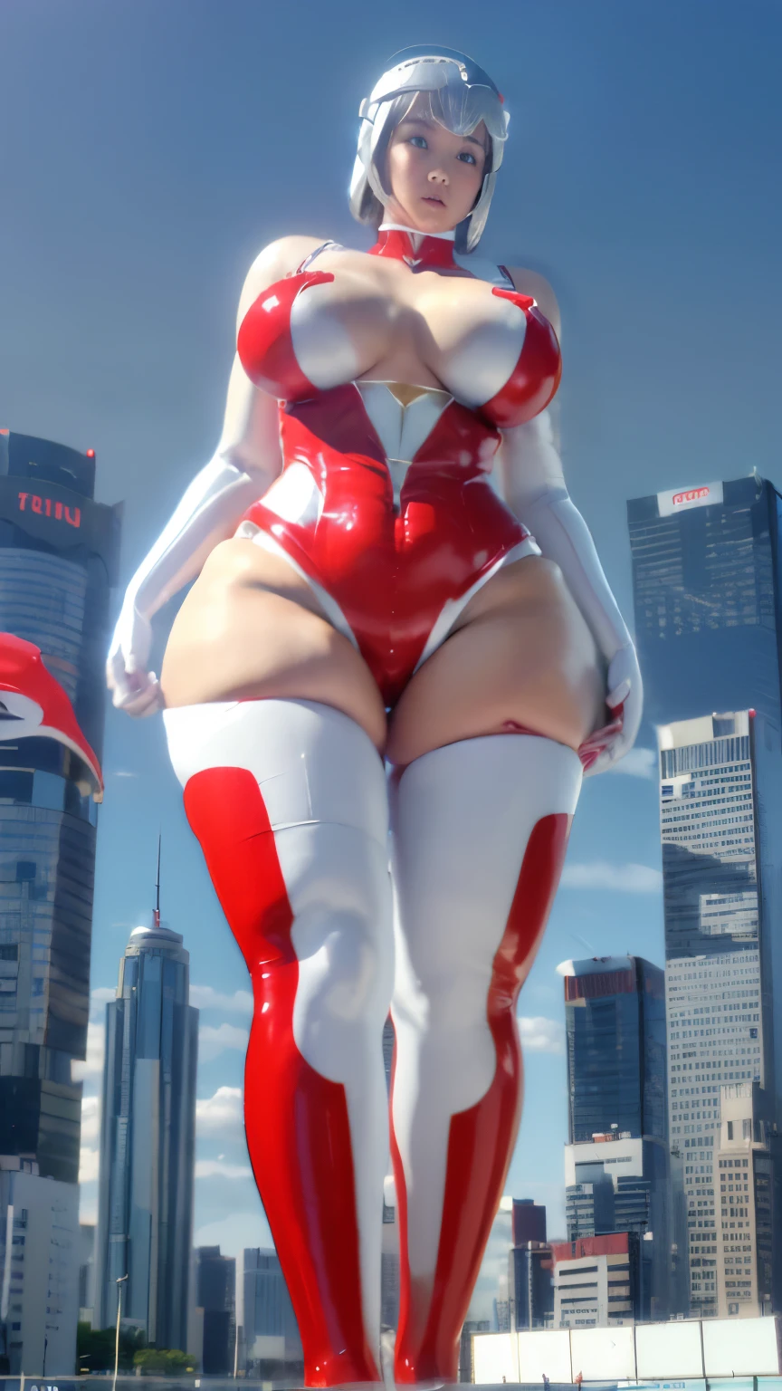 Ultraman、Giant、Taller than a building、woman、realistic、High level image quality、write, shiny suit、Ultramanボディスーツ、Silver and red bodysuit、professional photos、Do not expose your skin、wearing a helmet,silver helmet,,((huge boobs)),((heavy body)),((wide hips)),((thick body)),((fat belly)),((fat girl)),((Chubby)),((big size)),((1人の白人woman)),((hair)),((short hair)),(()),((full body portrait))、very plump, thick body, ,つま先立ちでstand、The skin is not exposed、high heels、Tokyo、stand, full body portrait、
