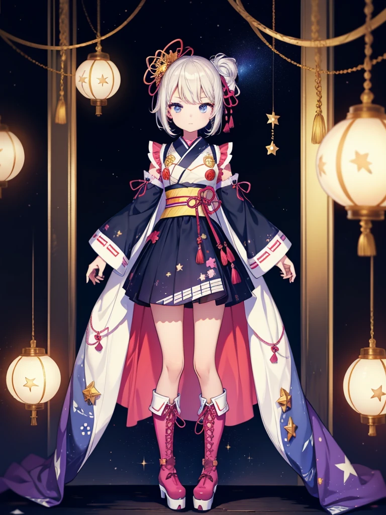 1girl、vtuber-fullbody、Star Fairy、masterpiece、official art、Super detailed、super beautiful、かわいいStar Fairy、white straight short hair、Milky Way、universe、star charm、star、baby face、Knee-high boots、Japanese pattern dress、A beautiful girl wearing black and white clothes that are a remake of a yukata.、universeを思わせるOiranフリルドレス、Oiran