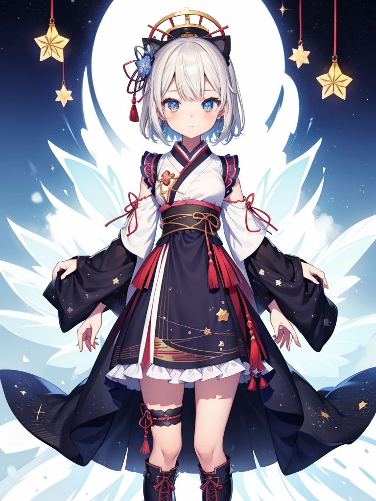 1girl、vtuber-fullbody、Star Fairy、masterpiece、official art、Super detailed、super beautiful、かわいいStar Fairy、white straight short hair、Milky Way、universe、star charm、star、baby face、Knee-high boots、Japanese pattern dress、A beautiful girl wearing black and white clothes that are a remake of a yukata.、universeを思わせるOiranフリルドレス、Oiran