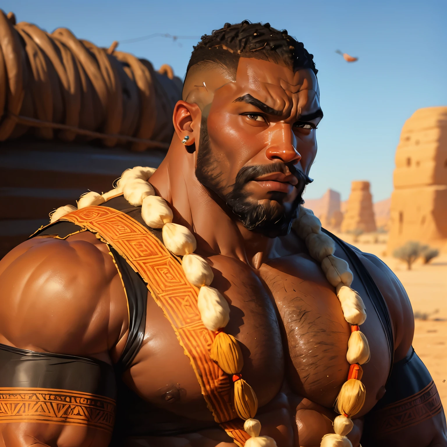 an exaggeratedly muscular and large bodyguard, beefy build, beard, dark-skinned african american male, buzzcut hair with square line, (worried expression: 1.2), (wearing african tribal attire: 1.2), barely buttoned, team logo on shirt, (bara pecs: 1.3), (arm and chest hair: 1.1), portrait HD, dutch angle, (desert)