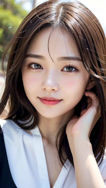With the alleys of Kyoto in the background、18 year old girl、independent、facing forward、Light eye makeup、brown hair color、Flat 、hair blowing in the wind、quality of actress、shiny, super realistic face、smileの表情、Moist eyes、look up、calming lighting effect、 ultra-realistic capture、very detailed、High resolution 16K close-up of human skin。Skin texture must be natural、Must be detailed enough to see pores、skin is healthy、Must be even tone、Use natural light and color、High quality photos taken by a modeling agency'Exclusive photographer、smile