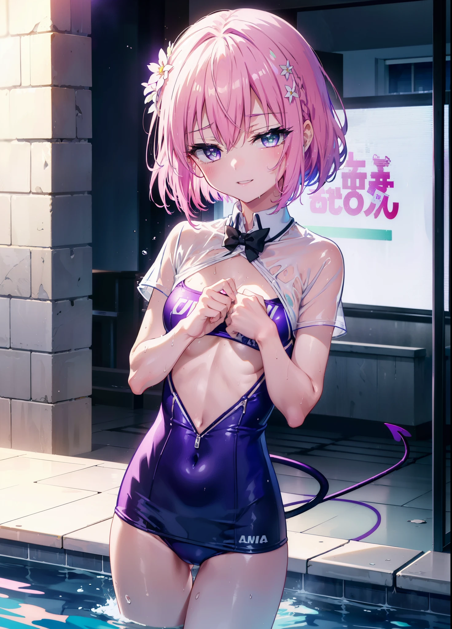 momomodel Building Uke, Deviluke type, demon tail, hair flower, hair ornaments, (purple eyes:1.1), pink hair, short hair, tail, smile,happy smile, smile, open your mouth,
break demon tail, green , school swimwear,wet hair,wet skin,barefoot,noon,sunny,
break ourdoors, School　pool,
break looking at viewer, (cowboy shot:1.5),
break (masterpiece:1.2), highest quality, High resolution, unity 8k wallpaper, (shape:0.8), (beautiful detailed eyes:1.6), extremely detailed face, perfect lighting, extremely detailed CG, (perfect hands, perfect anatomy),