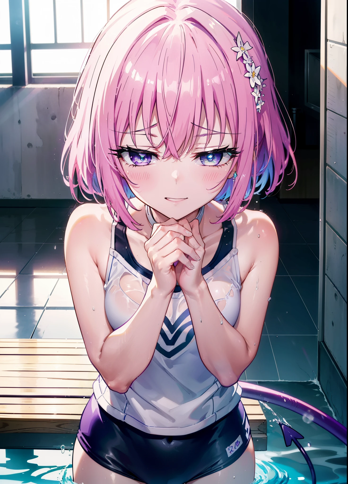 momomodel Building Uke, Deviluke type, demon tail, hair flower, hair ornaments, (purple eyes:1.1), pink hair, short hair, tail, smile,happy smile, smile, open your mouth,
break demon tail, green , school swimwear,wet hair,wet skin,barefoot,noon,sunny,
break ourdoors, School pool,
break looking at viewer, (cowboy shot:1.5),
break (masterpiece:1.2), highest quality, High resolution, unity 8k wallpaper, (shape:0.8), (beautiful detailed eyes:1.6), extremely detailed face, perfect lighting, extremely detailed CG, (perfect hands, perfect anatomy),