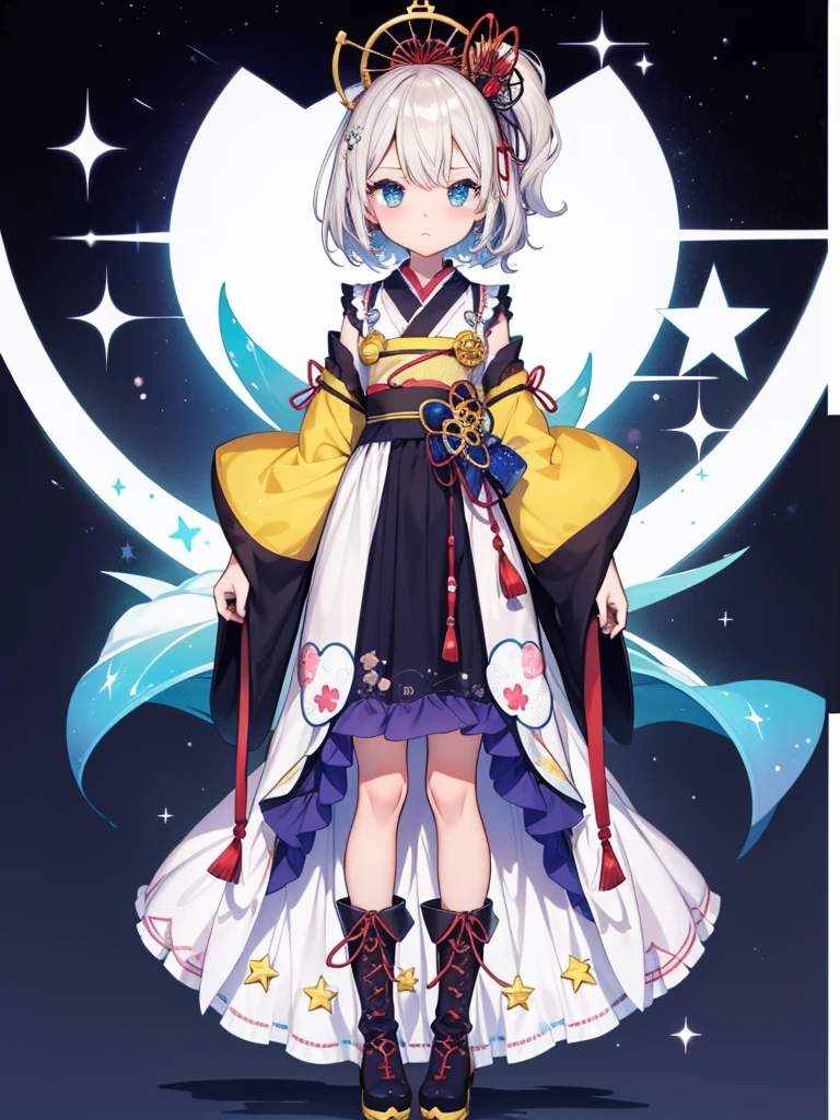 1girl、vtuber-fullbody、Star Fairy、masterpiece、official art、Super detailed、super beautiful、かわいいStar Fairy、white straight short hair、Milky Way、universe、star charm、star、、Knee-high boots、Japanese pattern dress、A beautiful girl wearing black and white clothes that are a remake of a yukata.、universeを思わせるOiranフリルドレス、Oiran、simple background、The background is Midori、