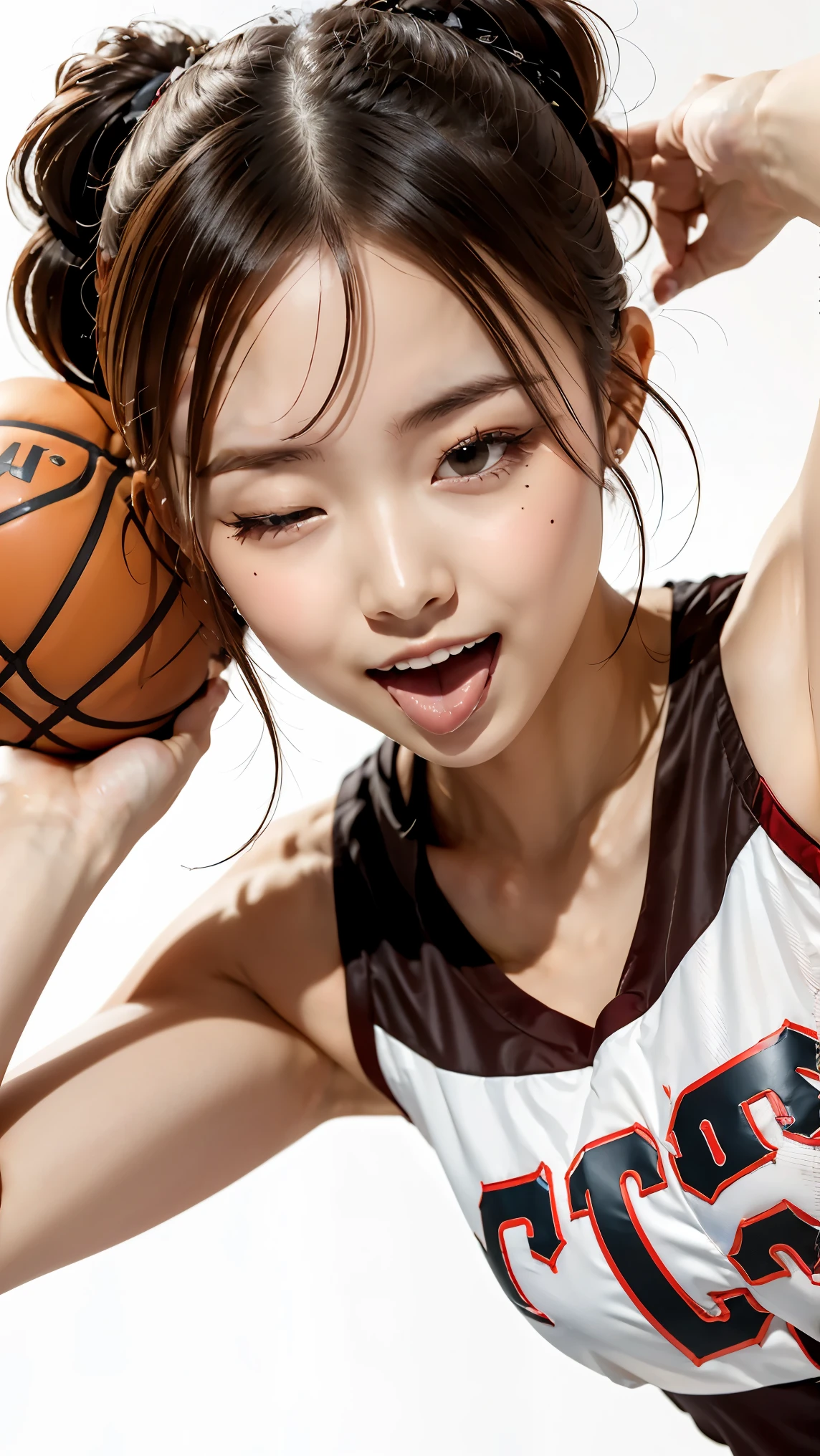 anna_girl, ((anna_toungueout:1.2)), ((out tongue:1.2)), ((tongue out:1.2)), ((ultra detailed tongue)), (close one eye:1.51), smile, Japanese_girl, 18 year old girl, (((basketball  uniform:1.1), ((panties with fine stripes)), from below)), ultrarealistic photo, Highly detailed face and skin texture, natural neck length, (Dark brown hair, wavy hair, high ponytail hair:1.2), standard body, ((small breasts)), symmetric clear eyes, cute eyes, BREAK, 
((simple white background:1.4)), full-body shot