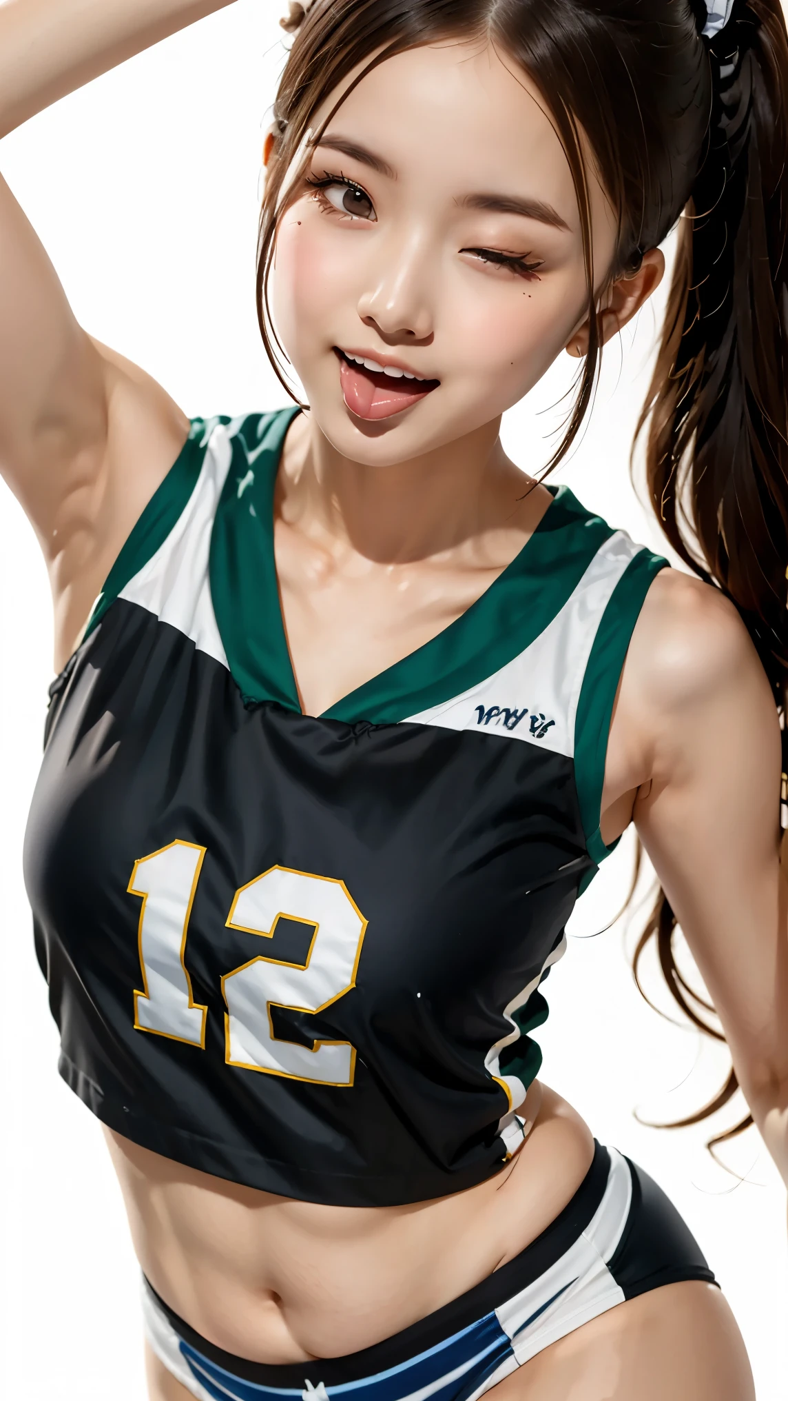 anna_girl, ((anna_toungueout:1.2)), ((out tongue:1.2)), ((tongue out:1.2)), ((ultra detailed tongue)), (close one eye:1.51), smile, Japanese_girl, 18 year old girl, (((basketball uniform:1.1), ((panties with fine stripes)), from below)), ultrarealistic photo, Highly detailed face and skin texture, natural neck length, (Dark brown hair, wavy hair, high ponytail hair:1.2), standard body, ((small breasts)), symmetric clear eyes, cute eyes, BREAK,
((simple white background:1.4)), full-body shot