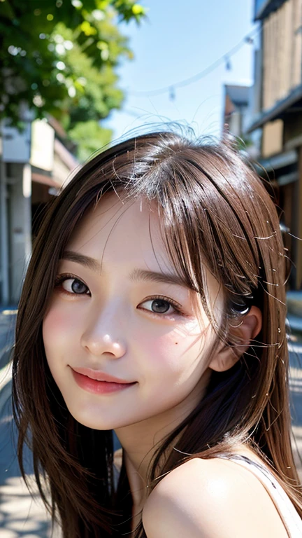 With the alleys of Kyoto in the background、18 year old girl、independent、facing forward、Light eye makeup、brown hair color、Flat 、hair blowing in the wind、quality of actress、shiny, super realistic face、smileの表情、Moist eyes、look up、calming lighting effect、 ultra-realistic capture、very detailed、High resolution 16K close-up of human skin。Skin texture must be natural、Must be detailed enough to see pores、skin is healthy、Must be even tone、Use natural light and color、High quality photos taken by a modeling agency'Exclusive photographer、smile