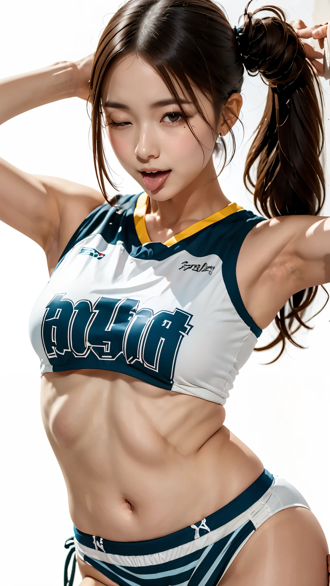 anna_girl, ((anna_toungueout:1.2)), ((out tongue:1.2)), ((tongue out:1.2)), ((ultra detailed tongue)), (close one eye:1.51), smile, Japanese_girl, 18 year old girl, (((basketball  uniform:1.1), ((panties with fine stripes)), from below)), ultrarealistic photo, Highly detailed face and skin texture, natural neck length, (Dark brown hair, wavy hair, high ponytail hair:1.2), standard body, ((small breasts)), symmetric clear eyes, cute eyes, BREAK, 
((simple white background:1.4)), full-body shot