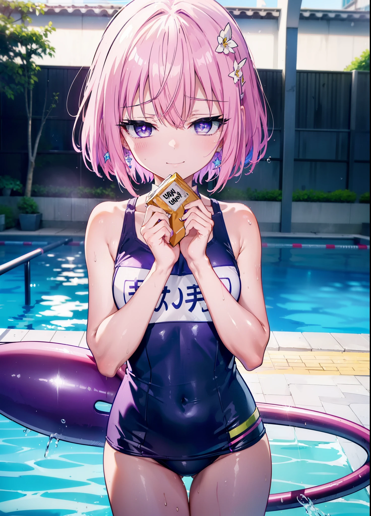 momomodel Building Uke, Deviluke type, demon tail, hair flower, hair ornaments, (purple eyes:1.1), pink hair, short hair, tail, smile,happy smile, smile, open your mouth,
break demon tail, green , school swimwear,wet hair,wet skin,barefoot,noon,sunny,
break ourdoors, School　pool,
break looking at viewer, (cowboy shot:1.5),
break (masterpiece:1.2), highest quality, High resolution, unity 8k wallpaper, (shape:0.8), (beautiful detailed eyes:1.6), extremely detailed face, perfect lighting, extremely detailed CG, (perfect hands, perfect anatomy),