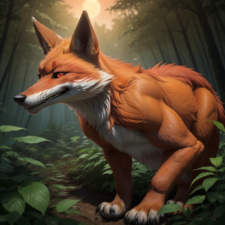 Un zorro con partes del pelaje morados, (A fox with red-colored fur parts),

This fox's sleek and agile body is adorned with patches of vibrant red fur, blending seamlessly with its overall reddish-brown coat. The sun sets behind it, casting long shadows across the forest floor, leaving the area bathed in a soft orange glow. The fox tilts its head, its round face framed by pointed ears and captivating amber eyes. Its bright, curved snout twitches slightly, sensing the scent of prey nearby. The forest comes alive with the sounds of crickets and rustling leaves, as this elegant and