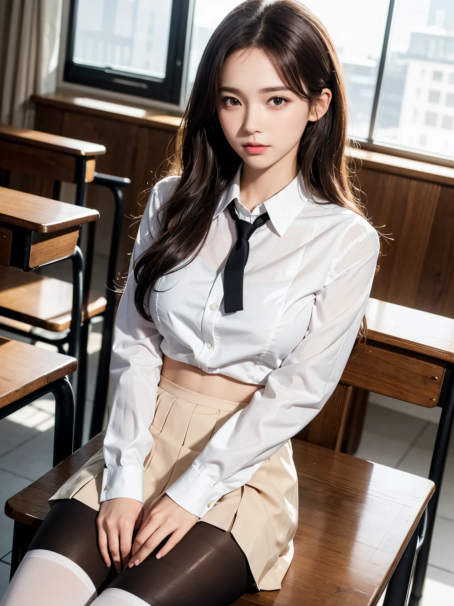 1 Beautiful , 17years old Girl, (solo focus, only 1 girl). (Light brown medium hair, medium hair, Shiny Hair, Wavy Hair:1.2), beautiful eyes, detailed eyes, (School Uniform, White blouses, Mini Skirt, Black pantyhose:1.3), big breasts, light smaile, Sitting, In the Classroom, Evening, (Cowboy Shot, Close-up:1.3), UHD, masterpiece, anatomically correct, textured skin, super detail, high details, high quality, best quality, 16k, highres, 8k, evening classroom, limlight, natural light,