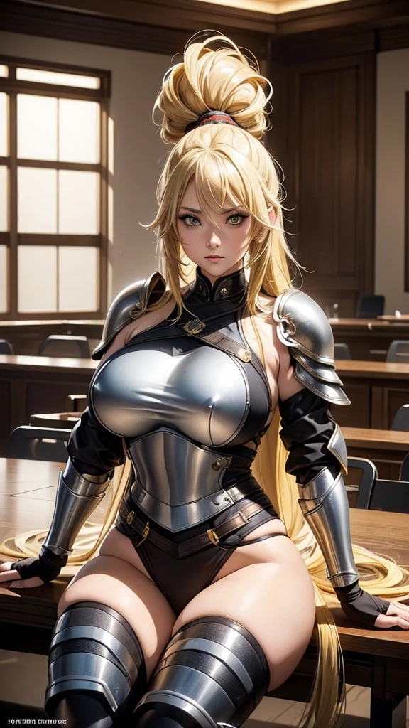 anime (mato seihei no slave), female young , sexy (very big tits), actress (Jenna Staples), yellow hair, tall, toned, and voluptuous woman with long hair tied into a side ponytail, Wear Valkyrie sliver  Armor , holding a sword and shield , She sat in the conference room planning 