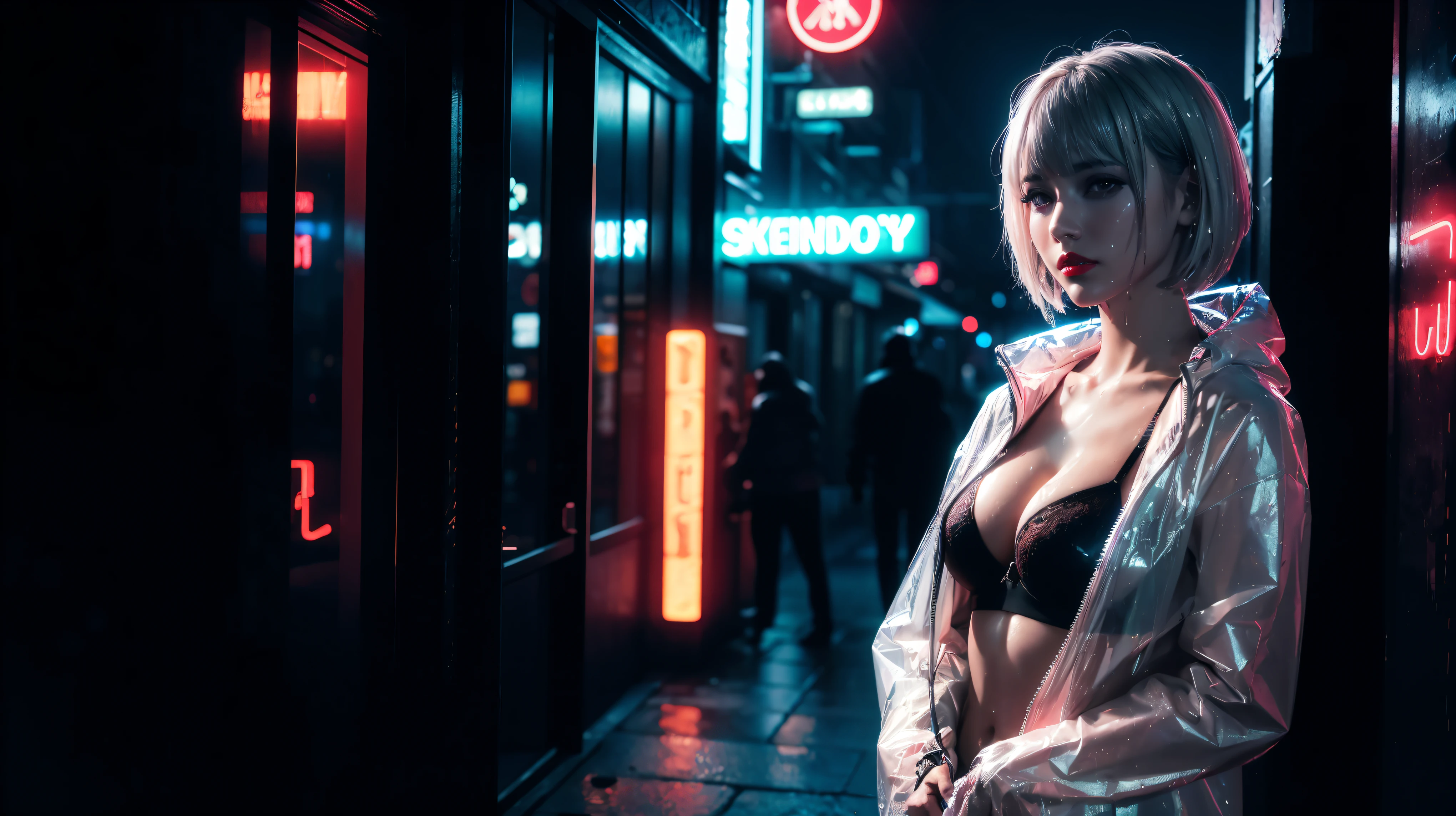 Neon Noir Beautiful Female,Looking at Viewer, . Cyberpunk, Dark, City of Rains, neon signs, outside the double door of a nightclub, High contrast, low illuminance, Vibrant, Highly detailed, silver hair color, shoulder length bobcut hair, wet hair, Luminous Eyes, cherry red lipstick, transparent plastic rain jacket, black skin tight bra, heavy rain