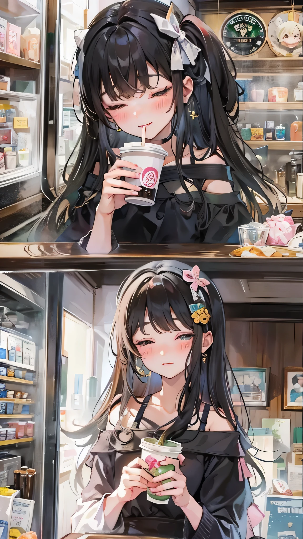 perfect anatomy, masterpiece:1.4, best quality, 16k, (love Date Style) solo ((blunt bangs)) (black hair long hair cute girl, 15 yo, pretty closed eyes, blushing face, best smile), break, drinking Frappuccino, (in a Off-the-shoulder pink knit), pretty skirt, in the Starbucks caffe.