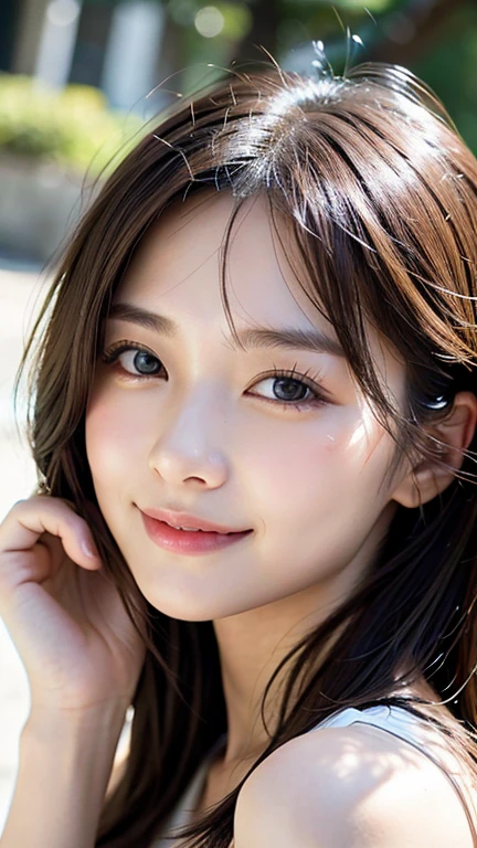 With the alleys of Kyoto in the background、18 year old girl、independent、facing forward、Light eye makeup、brown hair color、Flat 、hair blowing in the wind、quality of actress、shiny, super realistic face、smileの表情、Moist eyes、look up、calming lighting effect、 ultra-realistic capture、very detailed、High resolution 16K close-up of human skin。Skin texture must be natural、Must be detailed enough to see pores、skin is healthy、Must be even tone、Use natural light and color、High quality photos taken by a modeling agency&#39;Exclusive photographer、smile