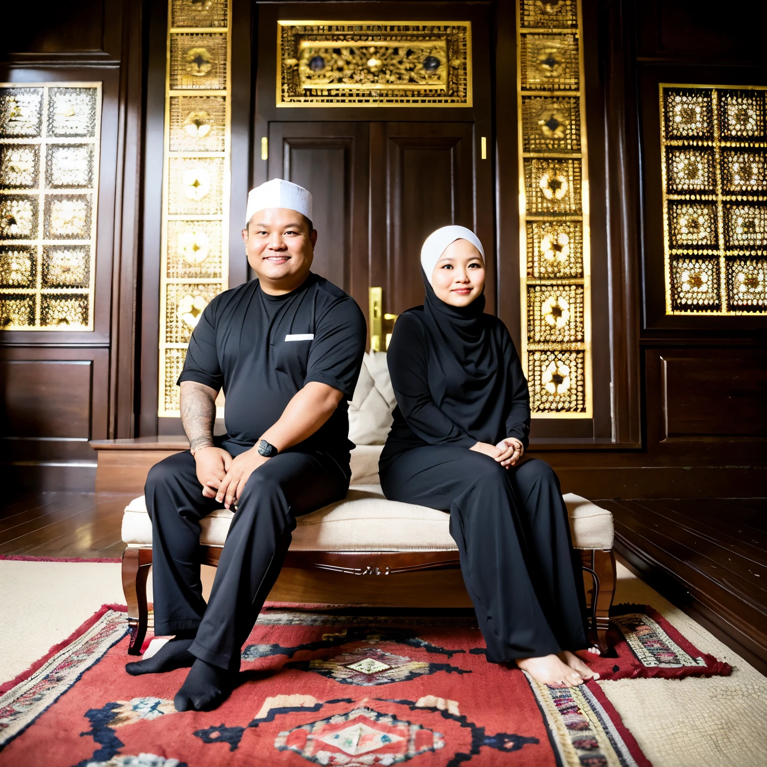 realistic photo of an Indonesian Muslim couple,
husband (55), slightly fat body like Prabowo, wearing a black skullcap, clean face with no beard and wife (45), they pose in namaste with an interior background in the form of Islamic ornaments which gives a religious and luxurious impression, hyper realism, uHD 64K, looks full body from the front.