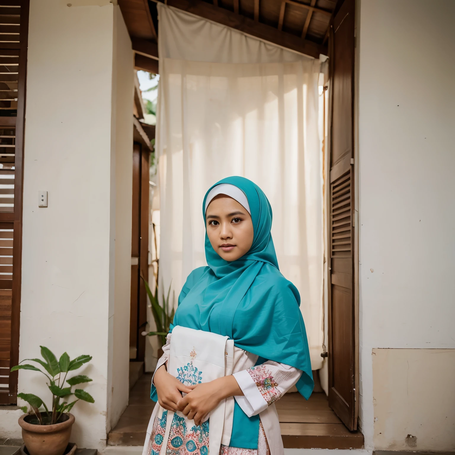 Foto keluarga Indonesia , dengan nuansa islami, background kain warna putih mewah,suami usia 35 tahun berambut tipis rapi ,istri usia 35 tahun, 1 anak laki-laki usia 6 tahun,1 anak laki-laki usia 1 tahun, memakai pakaian motif yang sama warna pastel,saling merangkul, hasil kamera haselblad, difoto dengan kamera Nikon v8, realistic, foto asli, 8KUHD