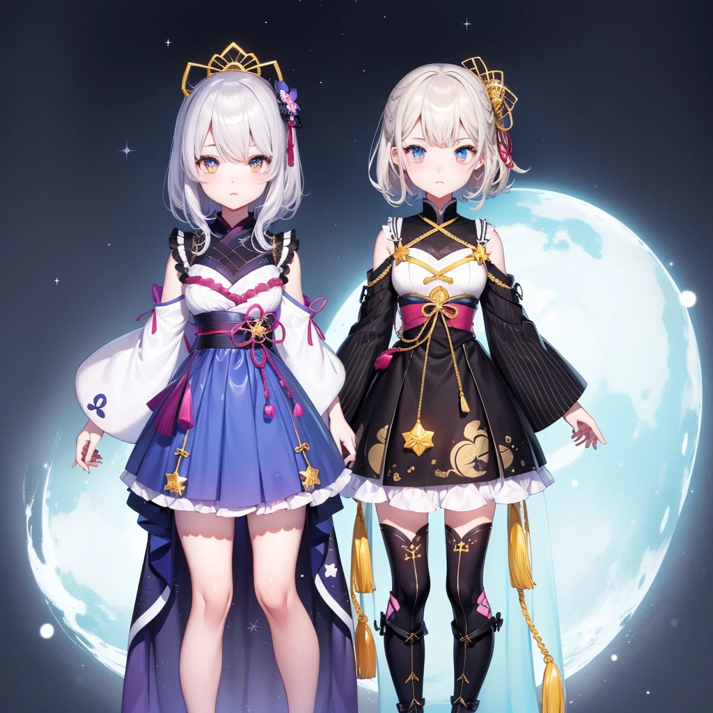 1girl、vtuber-fullbody、Star Fairy、masterpiece、official art、Super detailed、super beautiful、かわいいStar Fairy、white straight short hair、Milky Way、universe、star charm、star、baby face、Knee-high boots、Japanese pattern dress、A beautiful girl wearing black and white clothes that are a remake of a yukata.、universeを思わせるOiranフリルドレス、Oiran、simple background、The background is Midori、