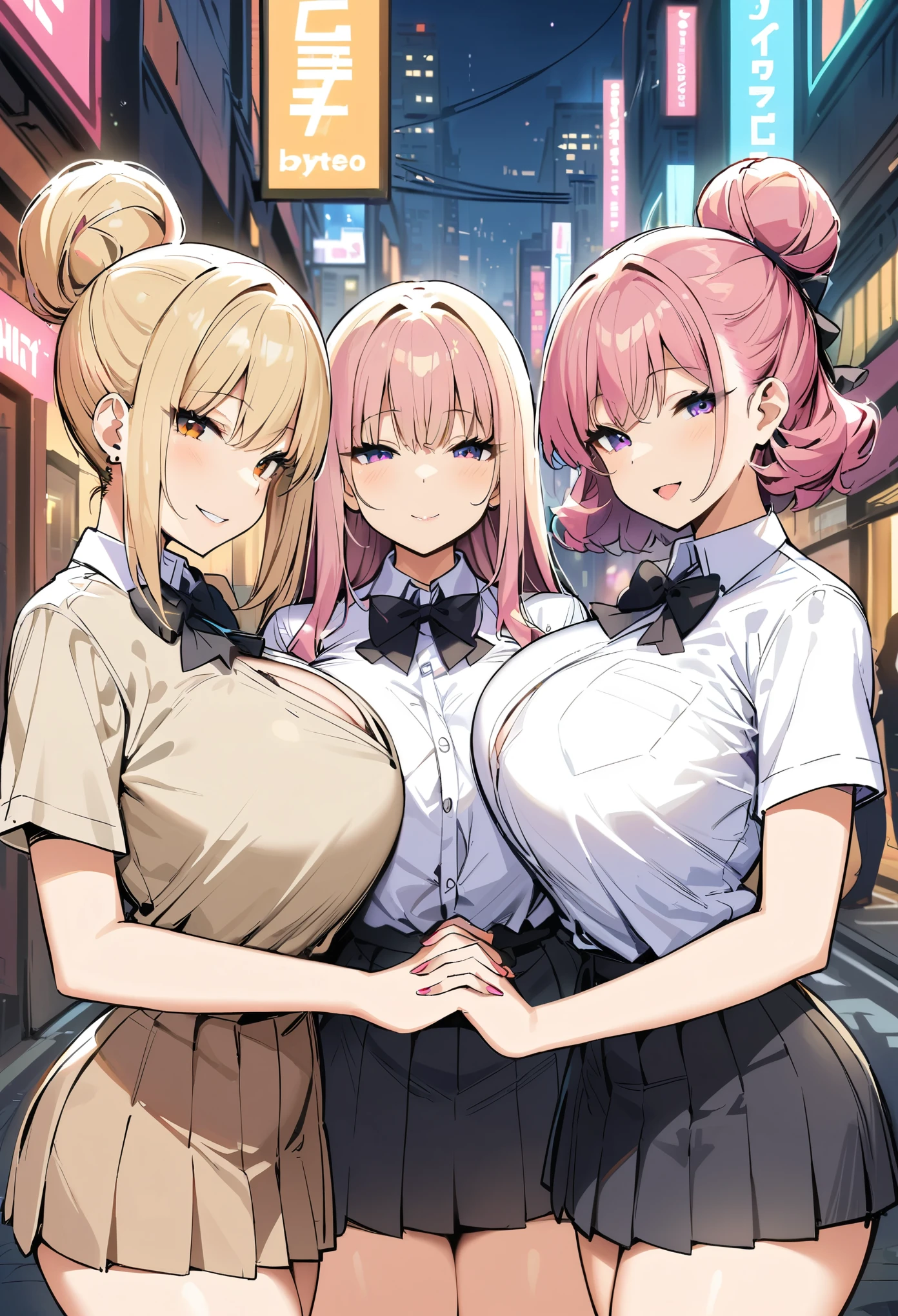 Cyberpunk City, Street, Night, neon light, neon sign, masterpiece, best quality, highres, JK,huge tit,3girls,black bow,black bowtie,blonde hair,bow,bowtie,breasts,hair bun,holding hands,interlocked fingers,long hair,looking at viewer,multiple girls,pink hair,pleated skirt,shirt tucked in,short hair,skirt,smile,tented shirt