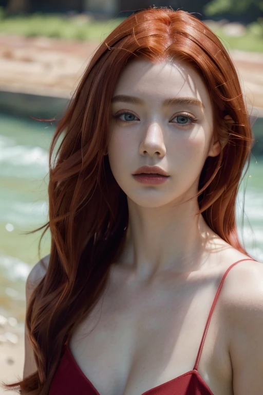 ( masterpiece, top quality, best quality,8k,17 years old girl,ultra detailed,raw photo:1.5),(photorealistic:1.4), (red hair:1.5), (cinematic lighting), PerfectNwsjMajic, , Surrealism, UHD, ccurate, Super detail, textured skin, High detail, Best quality, dynamic angle, White skin,[Beautiful blue eyes], high nose,[flat chest:large breasts:0.5],(1girl),(good anatomy:0.5)),(outside,river, portrait:1.5),white dress