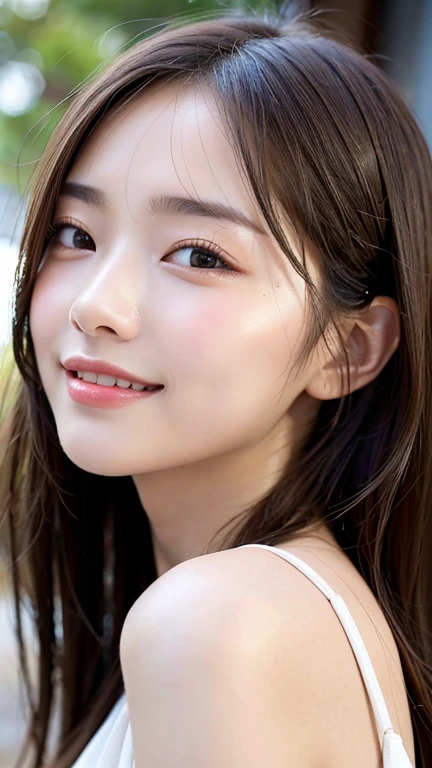 With the alleys of Kyoto in the background、18 year old girl、independent、facing forward、Light eye makeup、brown hair color、Flat 、hair blowing in the wind、quality of actress、shiny, super realistic face、smileの表情、Moist eyes、look up、calming lighting effect、 ultra-realistic capture、very detailed、High resolution 16K close-up of human skin。Skin texture must be natural、Must be detailed enough to see pores、skin is healthy、Must be even tone、Use natural light and color、High quality photos taken by a modeling agency'Exclusive photographer、smile