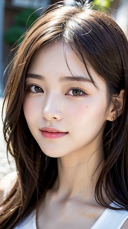 With the alleys of Kyoto in the background、18 year old girl、independent、facing forward、Light eye makeup、brown hair color、Flat 、hair blowing in the wind、quality of actress、shiny, super realistic face、smileの表情、Moist eyes、look up、calming lighting effect、 ultra-realistic capture、very detailed、High resolution 16K close-up of human skin。Skin texture must be natural、Must be detailed enough to see pores、skin is healthy、Must be even tone、Use natural light and color、High quality photos taken by a modeling agency'Exclusive photographer、smile