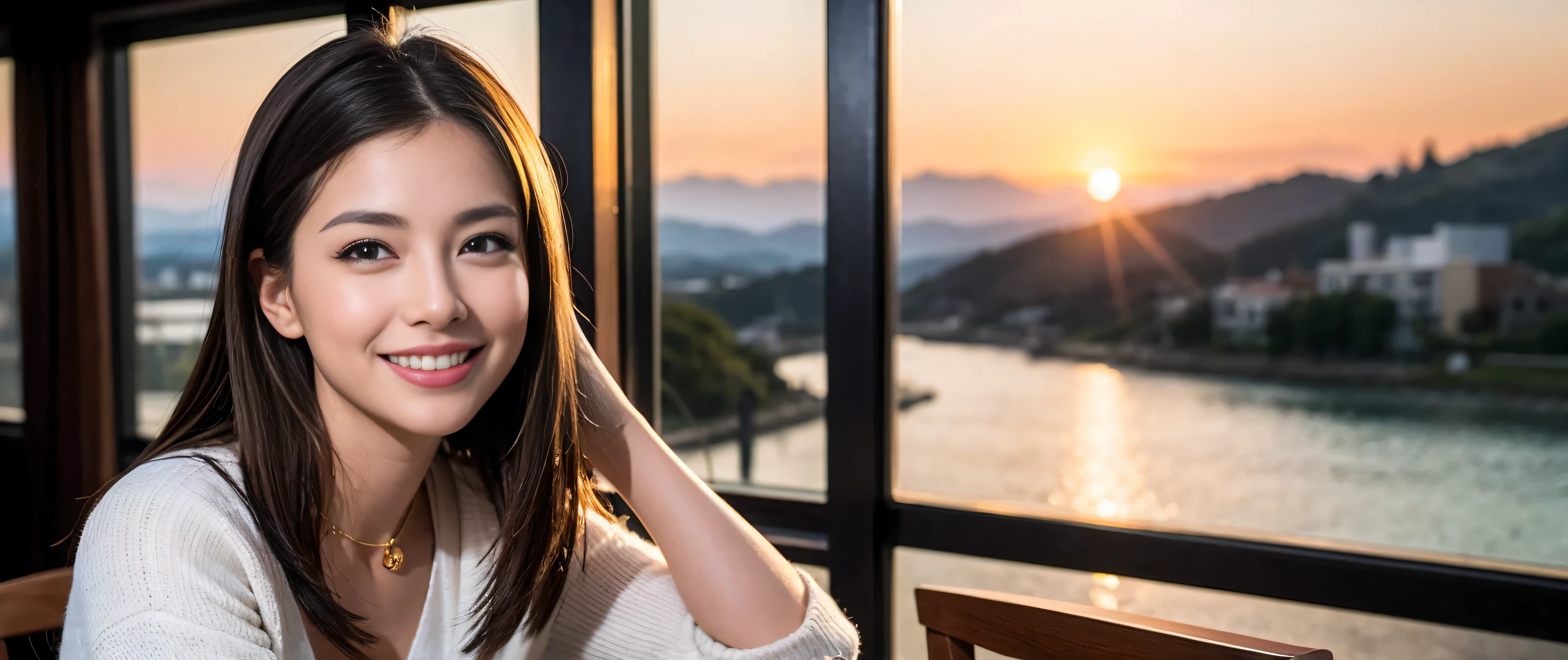 ((highest quality、8K、masterpiece:1.3))、Beautiful woman perfect body:1.4、Slim body、((Bob Hale、straight hair:1.2))、 ultra high resolution, bright image、2. Wine Beauties, beautiful face, blue eyes, fine eyes, light shines on your face, blush your nose, short hair,Spectacular view of the sunset sky and clouds、Amazing mountain views、A bright smile、A lovely woman with a smile、bright face、Fox face、lady、Champagne、Wine bottle、wine glass、red wine 、Appetizer、Italian food、two beauties、brown hair、shortcut、long sleeve shirt、winter fashion、dress、wine bottle、sparkling wine、Pretty Woman 1, (slim face), (brown hair), (shortcut), cheeks turn a little red, (42 years old), 39 years old, charming beauty、restaurant, nova frog style, actress, model, Upper body, White wine, slim, wine glass, wine glass placed in the middle, smile, (smile: 1.15), beautiful fine eyes, strong light and shadow,moist body:1.5、delicate eyes、brown hair、The hair is very shiny、