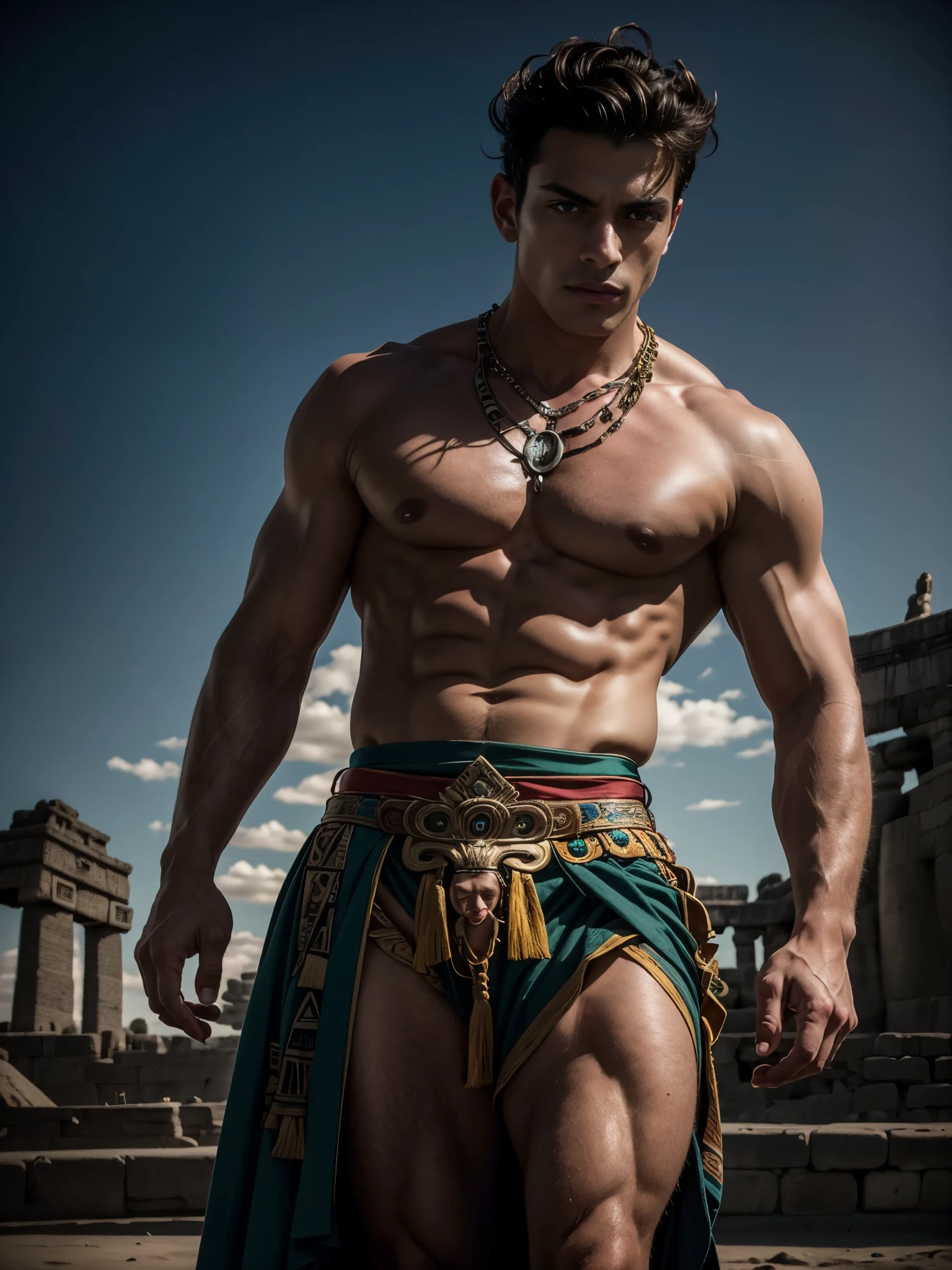 Photorealistic, mexican male model , ((best quality)), ((masterpiece)), (detailed),masculine portrait of young aztec god prince, 18-year-old male models, handsome, tall, cute looking, evil look, dark look, powerful, young male, handsome model, clean shave, green eyes. (short curly messy brown hair), messy curly hair, (short hair:1.4) strong, muscular, fit, massive muscles, six pack, shirtless, barechested, muscle, ripped, strong body, fit body, aztec neckless, aztec loincloth, (aztec draped cloth skirt), aztec garment, aztec pyramid in the background, (dark night background:1.2) (aztec temple:1.4), 8k, high detailed, ultra-detailed, Stylish Pose, real skin texture, dark cinematic lighting,
