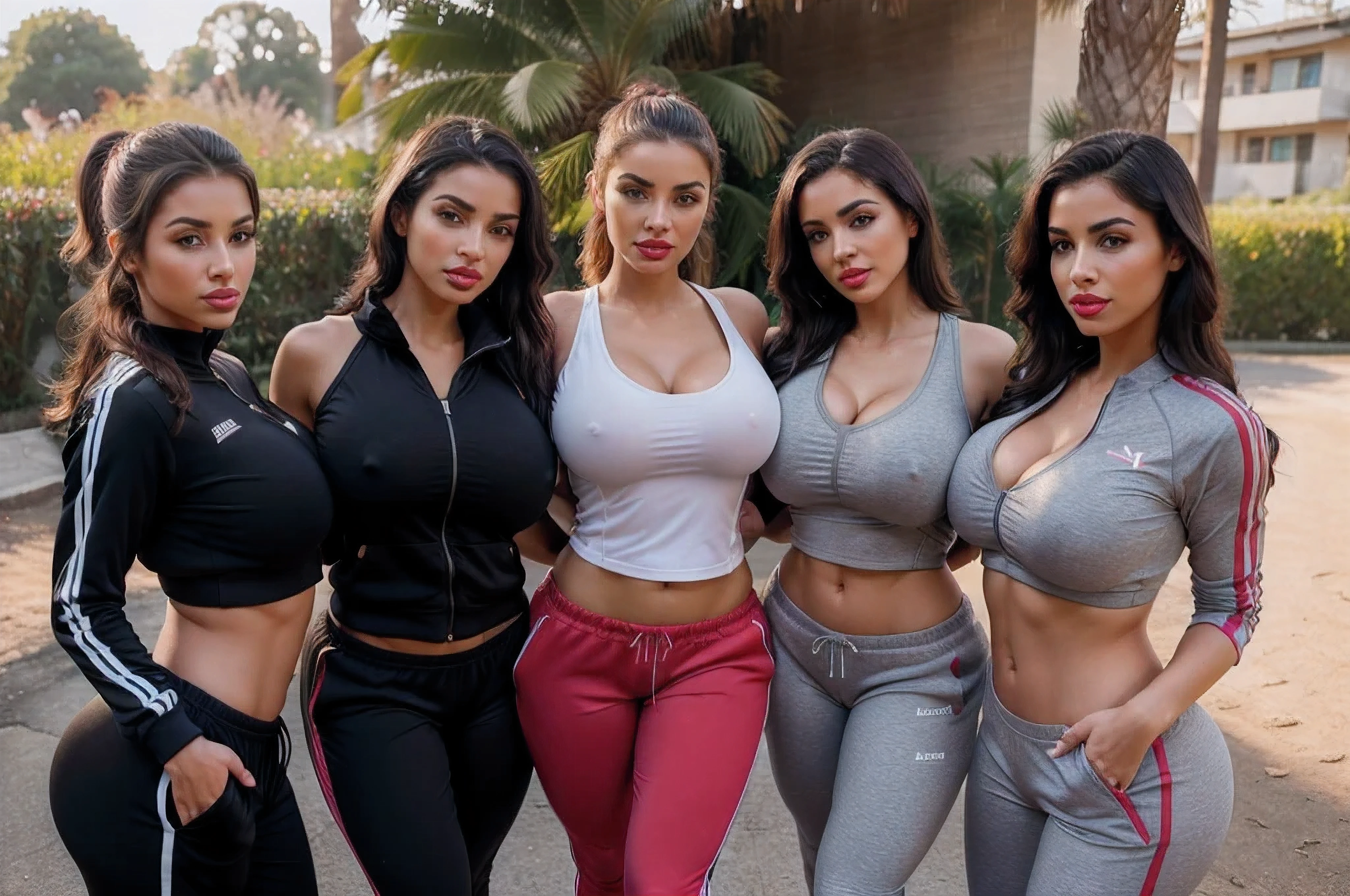 (((3 females)),((3 womens)), Busty, ( Nylon Track suit, gym outfit), in open ground, sexy ,big , breast, cleavage, very detailed, lusty looks, seductive pose, dusky, red lipstick makeup, busty figure, curvy body, cute face, sexy lips, ultra realistic, full body, no shadows, standing, looking in camera, real eyes, perfect eyes