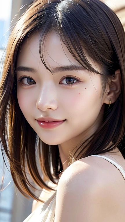 With the alleys of Kyoto in the background、18 year old girl、independent、facing forward、Light eye makeup、brown hair color、Flat 、hair blowing in the wind、quality of actress、shiny, super realistic face、smileの表情、Moist eyes、look up、calming lighting effect、 ultra-realistic capture、very detailed、High resolution 16K close-up of human skin。Skin texture must be natural、Must be detailed enough to see pores、skin is healthy、Must be even tone、Use natural light and color、High quality photos taken by a modeling agency'Exclusive photographer、smile