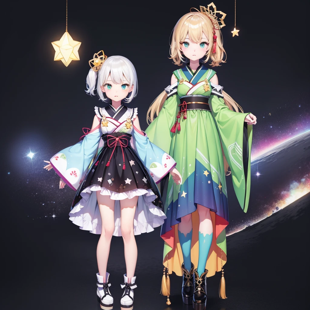 1girl、vtuber-fullbody、Star Fairy、masterpiece、official art、Super detailed、super beautiful、かわいいStar Fairy、white straight short hair、Milky Way、universe、star charm、star、baby face、Knee-high boots、Japanese pattern dress、A beautiful girl wearing black and white clothes that are a remake of a yukata.、universeを思わせるOiranフリルドレス、Oiran、simple background、green background、