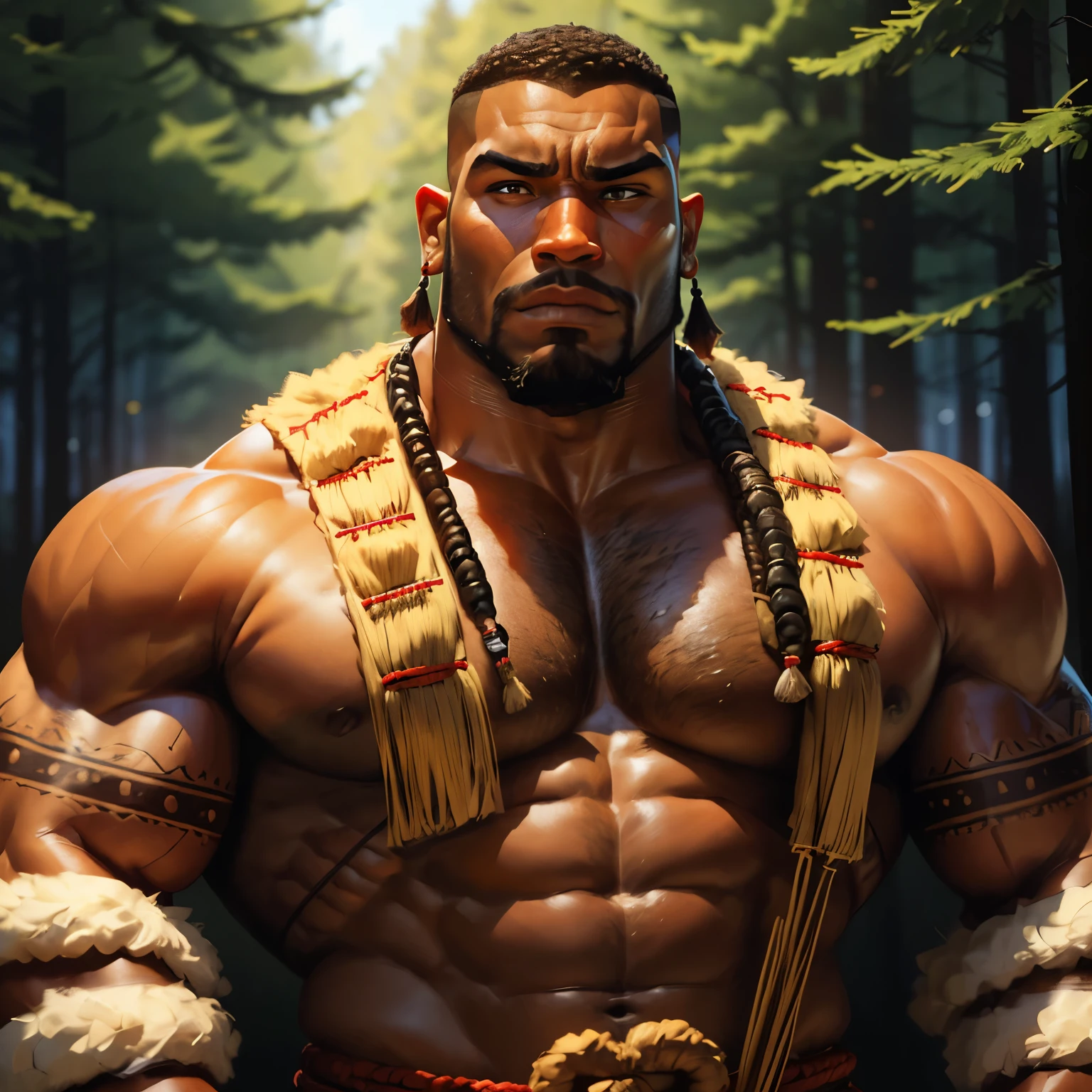 an exaggeratedly muscular and large bodyguard, beefy build, beard, dark-skinned african american male, buzzcut hair with square line, (worried expression: 1.2), (wearing tribal warrior attire: 1.2), (bara pecs: 1.3), (arm and chest hair: 1.1), portrait HD, dutch angle, (forest)