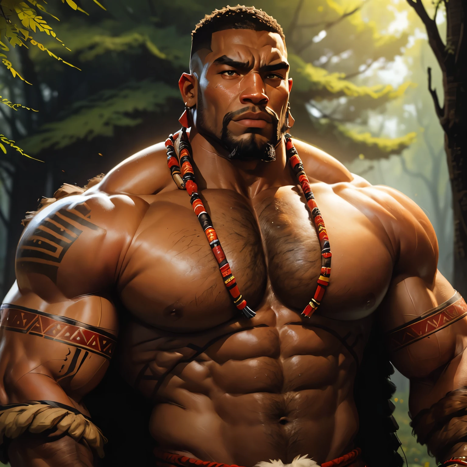 an exaggeratedly muscular and large bodyguard, beefy build, beard, dark-skinned african american male, buzzcut hair with square line, (worried expression: 1.2), (wearing tribal warrior attire: 1.2), (bara pecs: 1.3), (arm and chest hair: 1.1), portrait HD, dutch angle, (forest)