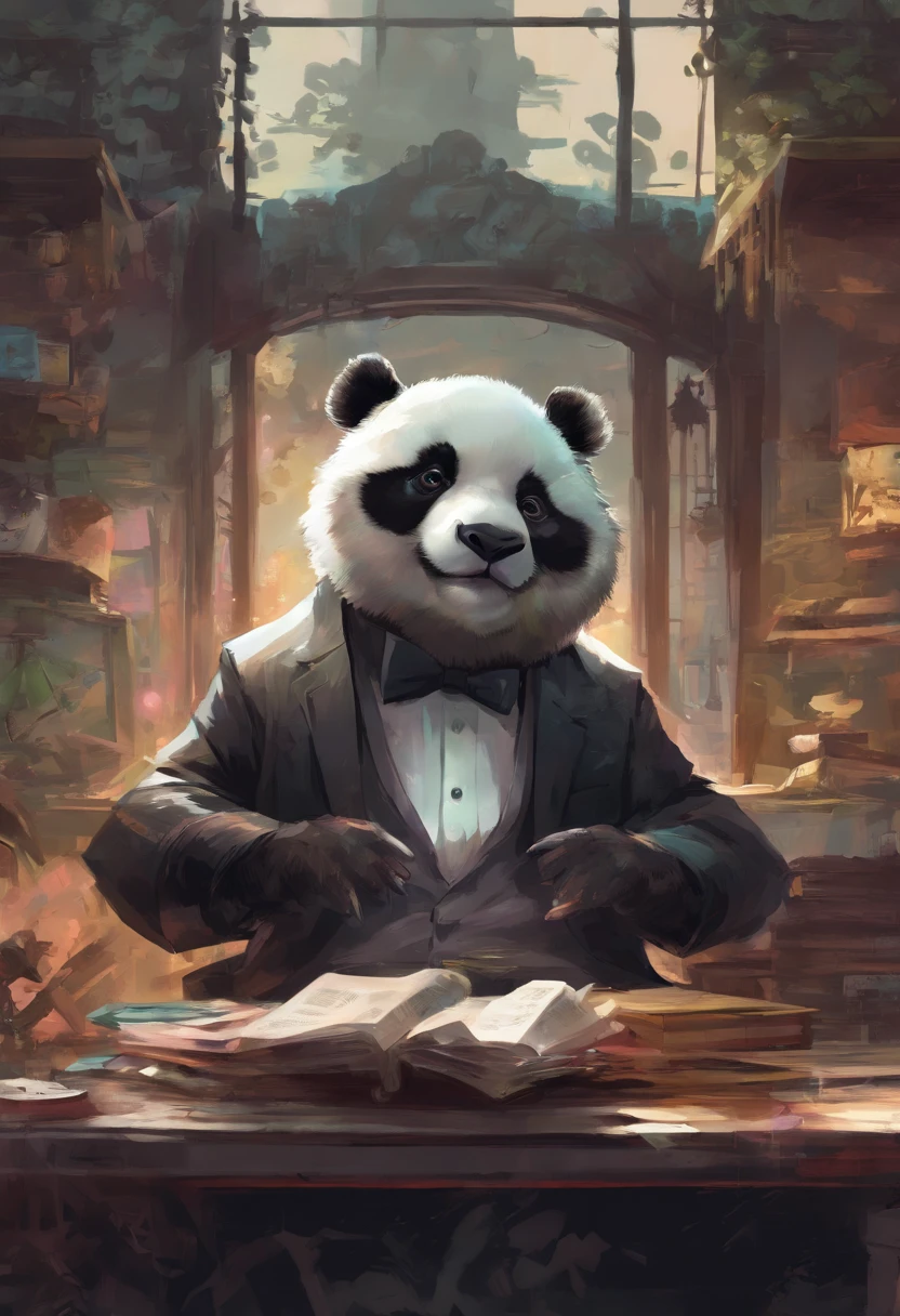 anthropomorphic panda, de cuerpo entero, vestido formalmente con un blazer, sostiene una bandeja, pegatina de panda, sticker de panda.