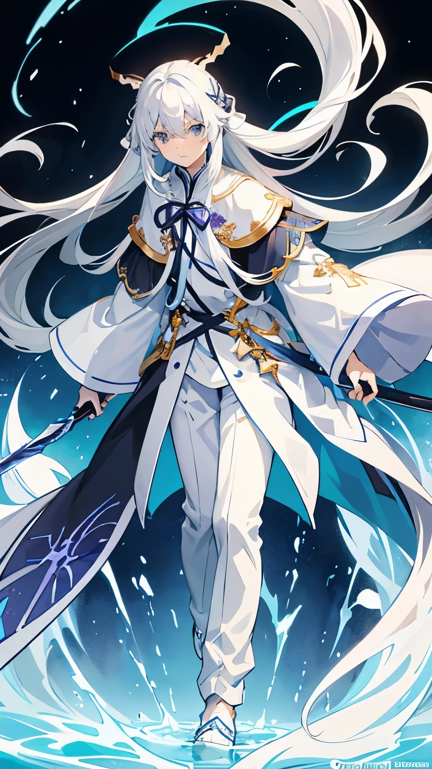 Straight hair, long hair, black to white hair gradation, light blue flowing cape, light blue eyes, light blue and purple gradation flowing ribbon from neck to toe, white T-shirt, black pants, light blue shoes, combat, long spear with red liquid inside clear glass and silver decoration, anime style, 2D illustration