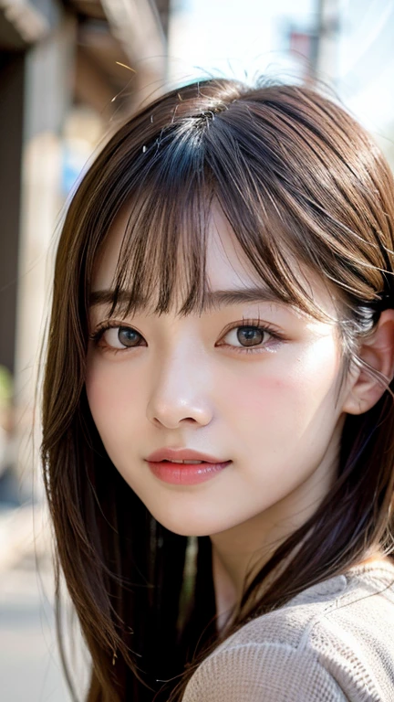 With the alleys of Kyoto in the background、18 year old girl、independent、facing forward、Light eye makeup、brown hair color、Flat 、hair blowing in the wind、quality of actress、shiny, super realistic face、smileの表情、Moist eyes、look up、calming lighting effect、 ultra-realistic capture、very detailed、High resolution 16K close-up of human skin。Skin texture must be natural、Must be detailed enough to see pores、skin is healthy、Must be even tone、Use natural light and color、High quality photos taken by a modeling agency&#39;Exclusive photographer、smile