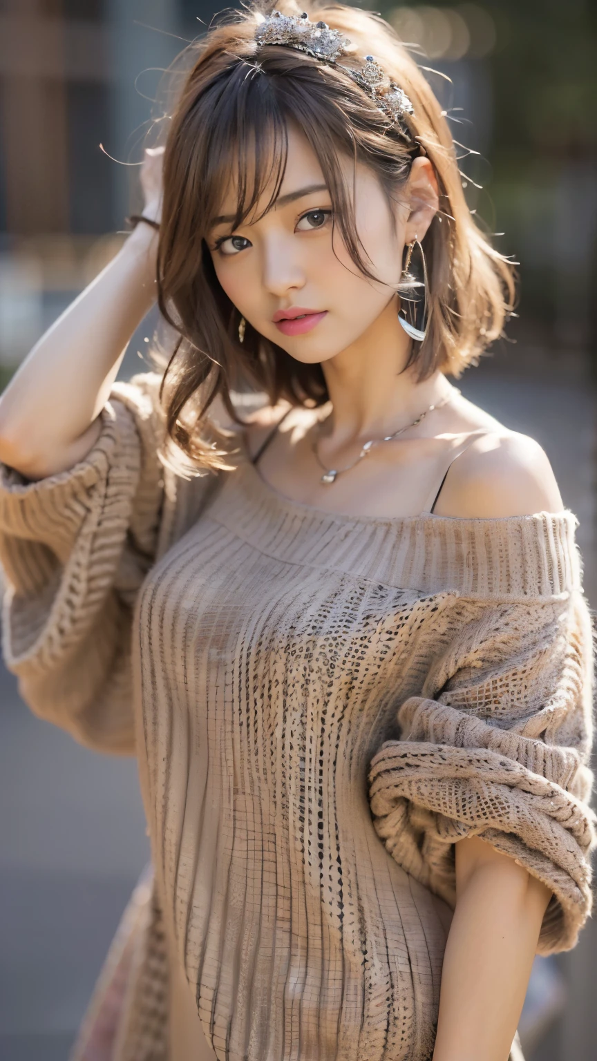 (delicate illustration:1.3)、(​masterpiece:1.0)、(beste-Qualit:1.4)、(The ultra-Highres:1.2)、(Hphotorealistic:1.4)、(8K、Raw photography:1.2)、(foco nítido:1.3)、fullllbody、(23years old:1.4)、(((One girl wearing a detailed off-shoulder knitted dress)))、((Girl with short bob hair))、（((Girl with gray hair color))）、(Brightly colored clothing)、(Fashionable patterned clothes)、(((urban backdrop)))、((Brown contacts white skin))、鎖骨、hugetits、(Happy smiling face)、landscapes、bangss:1.2、beautiful detailed eye、(sface focus)、 When you look into the camera、Slimed、Slender West、Thin leg、(cute little)、(Beautiful fece)、showing the view from above、pureerosface_v1、ulzzang -6500-v1.1