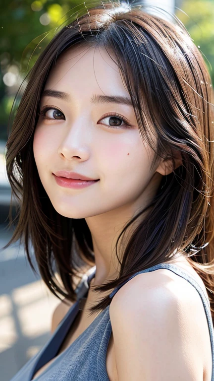 With the alleys of Kyoto in the background、18 year old girl、independent、facing forward、Light eye makeup、brown hair color、Flat 、hair blowing in the wind、quality of actress、shiny, super realistic face、smileの表情、Moist eyes、look up、calming lighting effect、 ultra-realistic capture、very detailed、High resolution 16K close-up of human skin。Skin texture must be natural、Must be detailed enough to see pores、skin is healthy、Must be even tone、Use natural light and color、High quality photos taken by a modeling agency'Exclusive photographer、smile