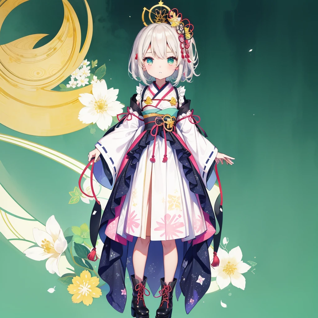 1girl、vtuber-fullbody、Star Fairy、masterpiece、official art、Super detailed、super beautiful、かわいいStar Fairy、white straight short hair、Milky Way、universe、star charm、star、baby face、Knee-high boots、Japanese pattern dress、A beautiful girl wearing black and white clothes that are a remake of a yukata.、universeを思わせるOiranフリルドレス、Oiran、simple background、green background、