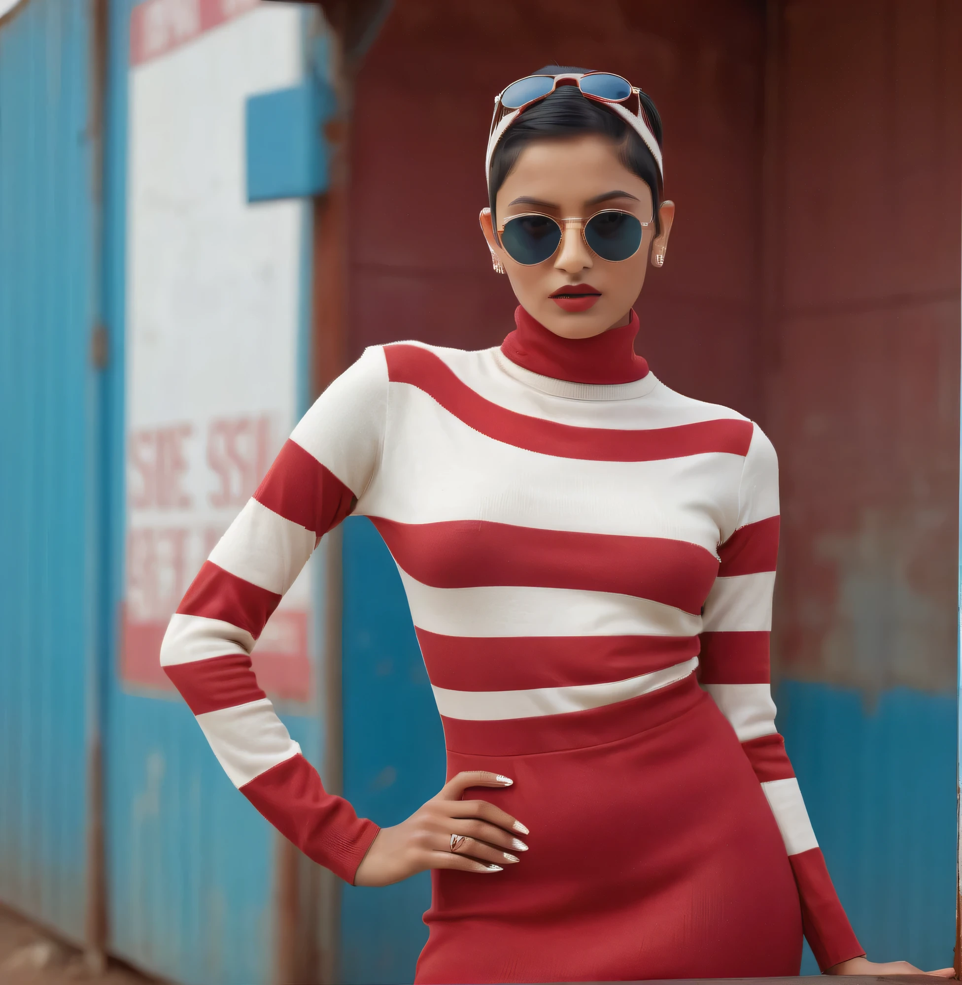 A 20-year-old Indian Full body front profile full body Photography, in font of a rusty billboard, a hip hop 80's Indian model woman with 50's haircut, in a white and red zig zag stripes turtleneck dress and large sunglasses, 80 degree view, art by Sergio Lopez , Natalie Shau, james jean and salvador dali