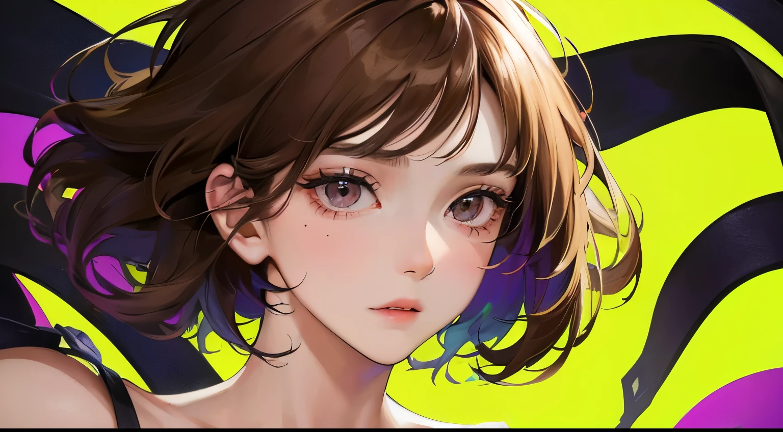 (((one girl)))、Masterpiece,best quality, (((pop、colorful background))), (((dancer)))、、((Uplifting)),determined expression, upper body diagram、((No expression))、 (highest resolution、clear_image)、best quality、contrast of light and shadow、((illumination))、very detailed、semi-realistic、short hairstyle、brown hair、bangs、19 years old、 Lady,,young、((View from top))、delicate facial features facial features