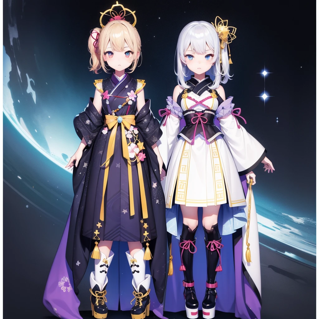 1girl、vtuber-fullbody、Star Fairy、masterpiece、official art、Super detailed、super beautiful、かわいいStar Fairy、white straight short hair、Milky Way、universe、star charm、star、、Knee-high boots、Japanese pattern dress、A beautiful girl wearing black and white clothes that are a remake of a yukata.、universeを思わせるOiranフリルドレス、Oiran、simple background、The background is Midori、