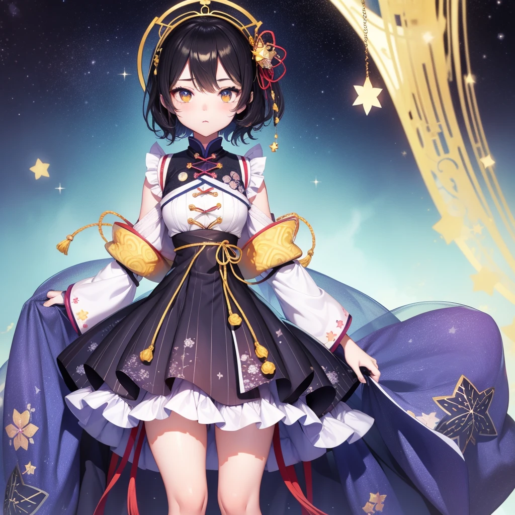 1girl、vtuber-fullbody、Star Fairy、masterpiece、official art、Super detailed、super beautiful、かわいいStar Fairy、white straight short hair、Milky Way、universe、star charm、star、baby face、Knee-high boots、Japanese pattern dress、A beautiful girl wearing black and white clothes that are a remake of a yukata.、universeを思わせるOiranフリルドレス、Oiran、simple background、The background is Midori、