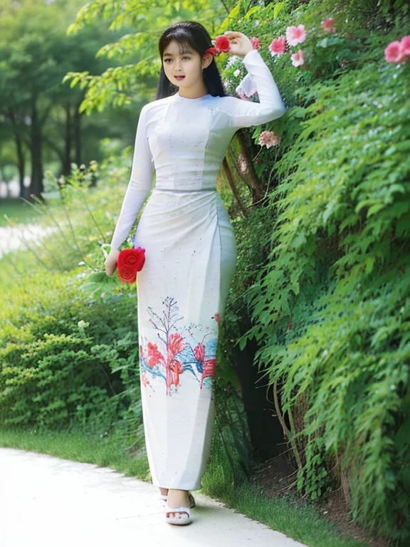 Full body, adult, 18 years old, young woman, very attractive body outline, high hips (colorful branches/flowers are beautifully painted on the dress), reflective dress woven with silk thread (all contricate work, very intricate HD HD. 16k(cartoon anime )