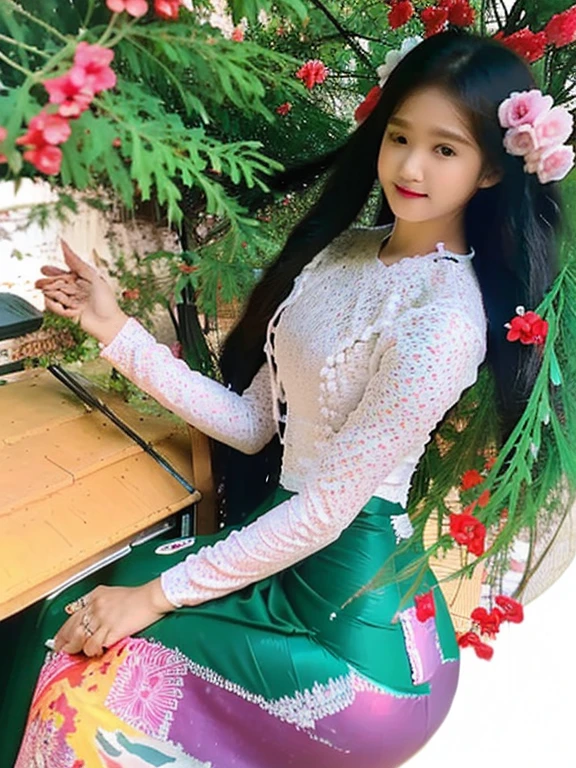 Full body, adult, 18 years old, young woman, very attractive body outline, high hips (colorful branches/flowers are beautifully painted on the dress), reflective dress woven with silk thread (all contricate work, very intricate HD HD. 16k(cartoon anime )